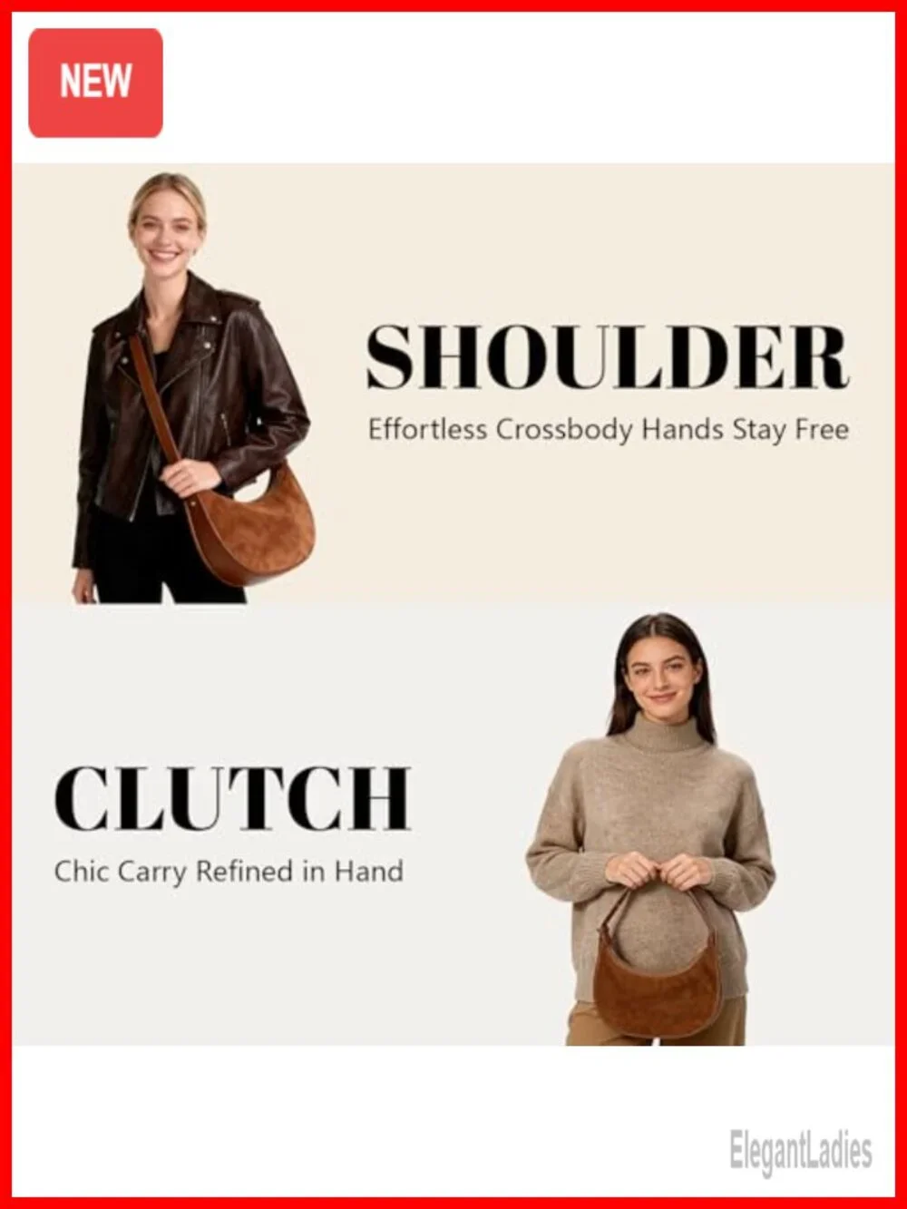 Suede Faux Leather Crescent Hobo Crossbody Bag with Adjustable Strap